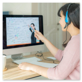 Tutor de matemáticas explicando en una videollamada en línea